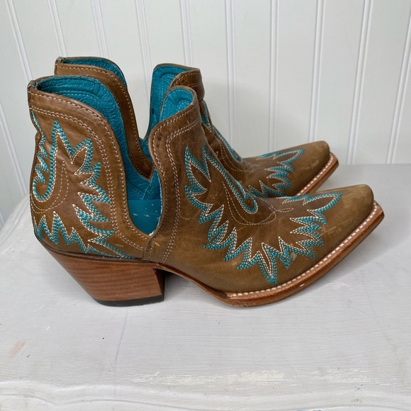Ariat Brown Leather Ankle Booties with Teal Embroidery 6.5B 2.5” heel - Picture 4 of 8